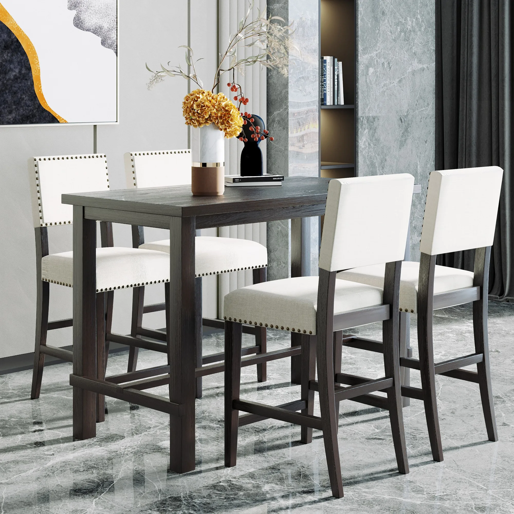 

American Country-style TREXM 5-Piece Counter Height Dining Set Classic Elegant Table and 4 Chairs in Espresso and Beige