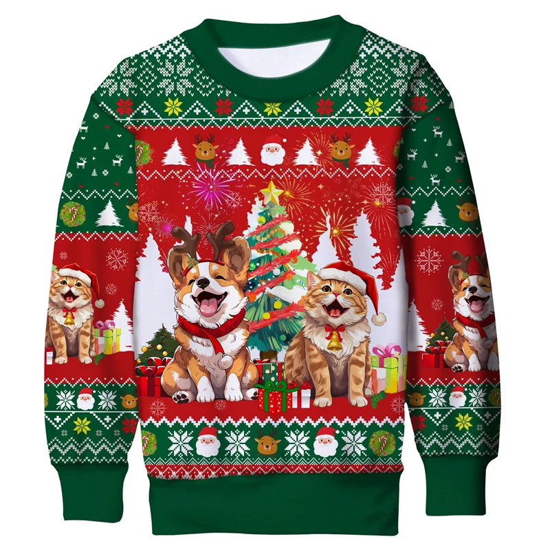 Christmas Dog Cat Pattern Sweater For Men Funny Xmas Novelty 3D Printed Sweatshirt Spring Autumn Pullover Long Sleeve O-Neck Top