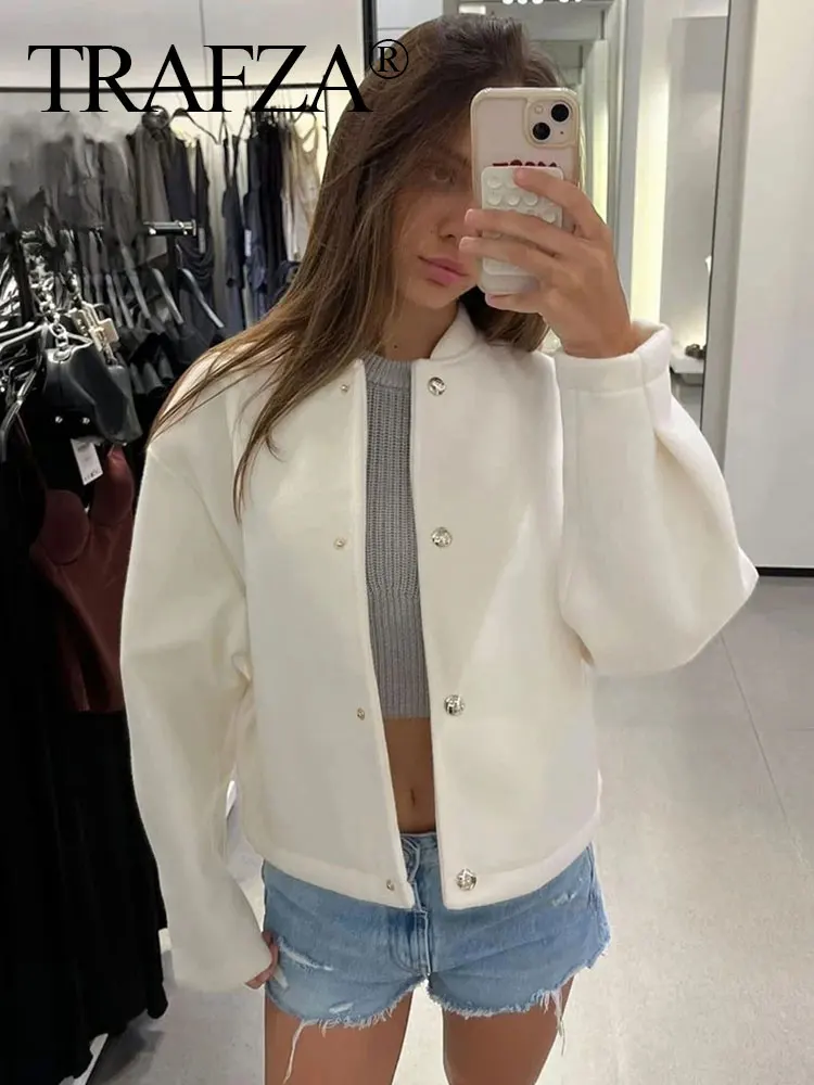 

TRAFZA Autumn Women's Casual Bomber Jackets Solid Color With Pockets Single-breasted Fashion White Coats Street Retro Outerwear