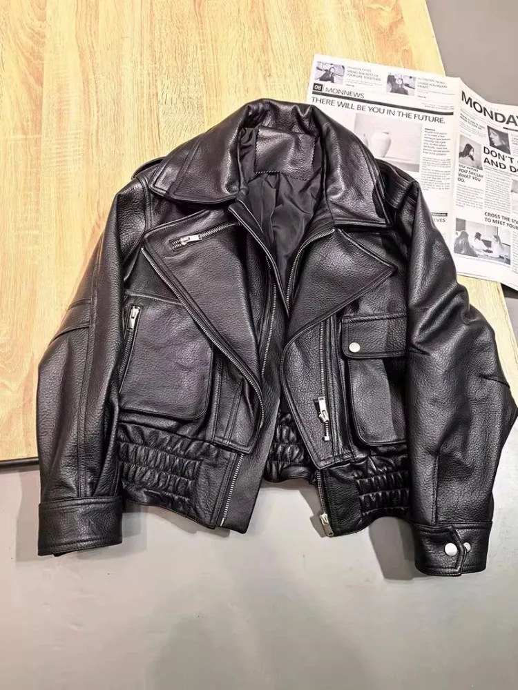 Punk Frauen Vintage Echtem Leder Jacke Revers Streetwear Motorrad Kurzen Mantel Lose Fit Hohe Qualität Echt Schaffell Oberbekleidung