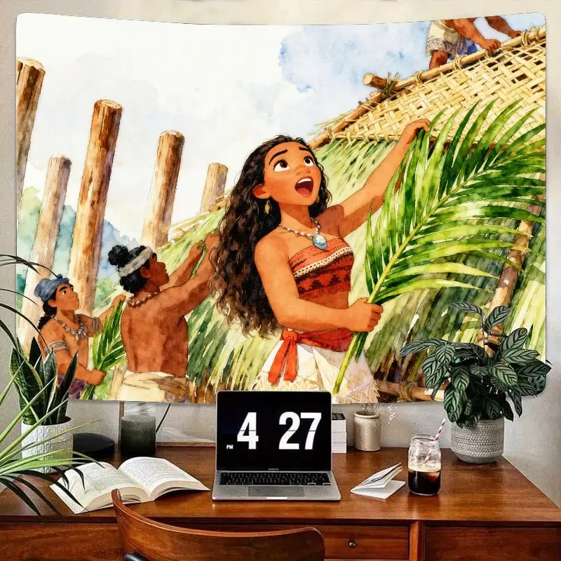 

1PC Disney Moana Adventure Tapestry, Vibrant Watercolor Polynesian Home Building Wall Art, Modern Polyester Hanging for Kids Roo