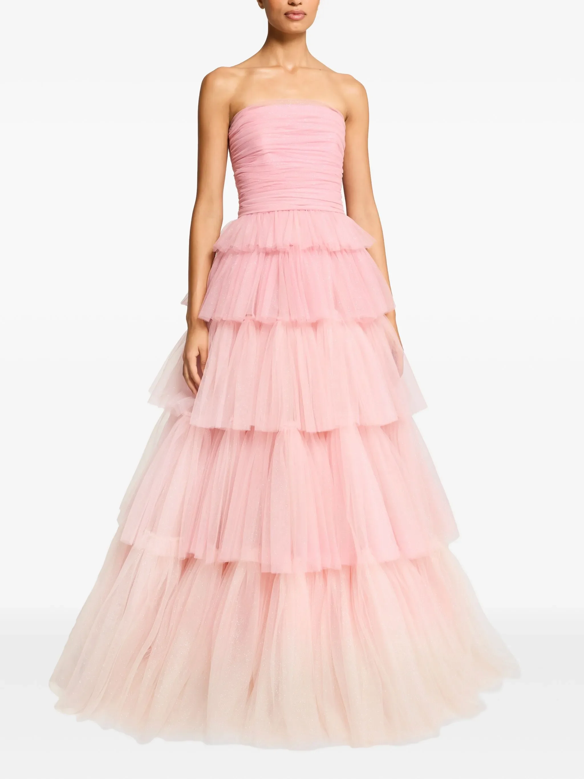 

Ofherown Blush Pink Strapless Tiered Tulle Princess Dress Evening Gown with Back Bow Women Ruffled Formal Prom Ball Dress 2026
