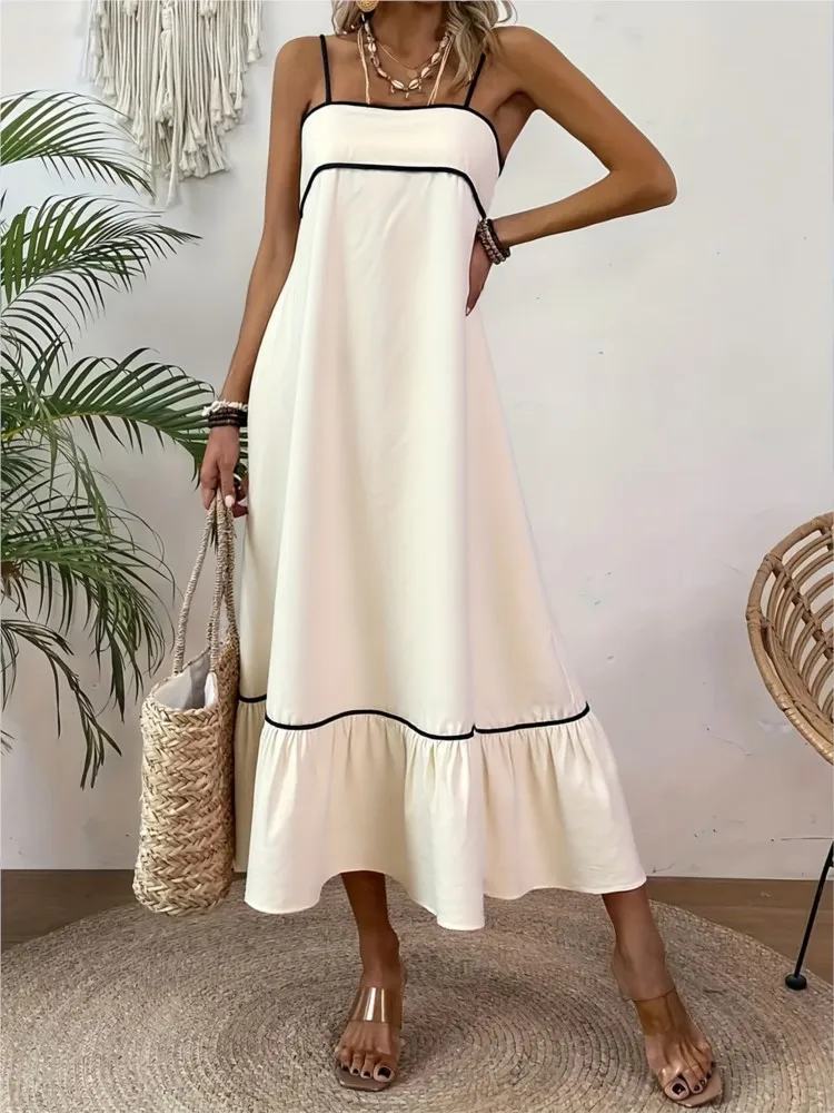 

Summer New Dress Fashion Bohemian Elegant Women's Solid Color Long Dresses With Hanging Straps Sexy Holiday Style Long Vestidos