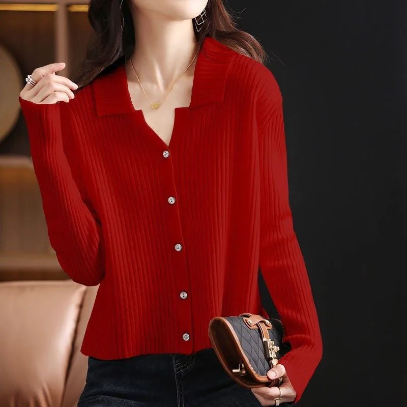 Women Clothing Fashion Polo-Neck Knitted Pullovers Spring Autumn Exquisite Solid Knitwear Office Lady Casual Loose Chic Top