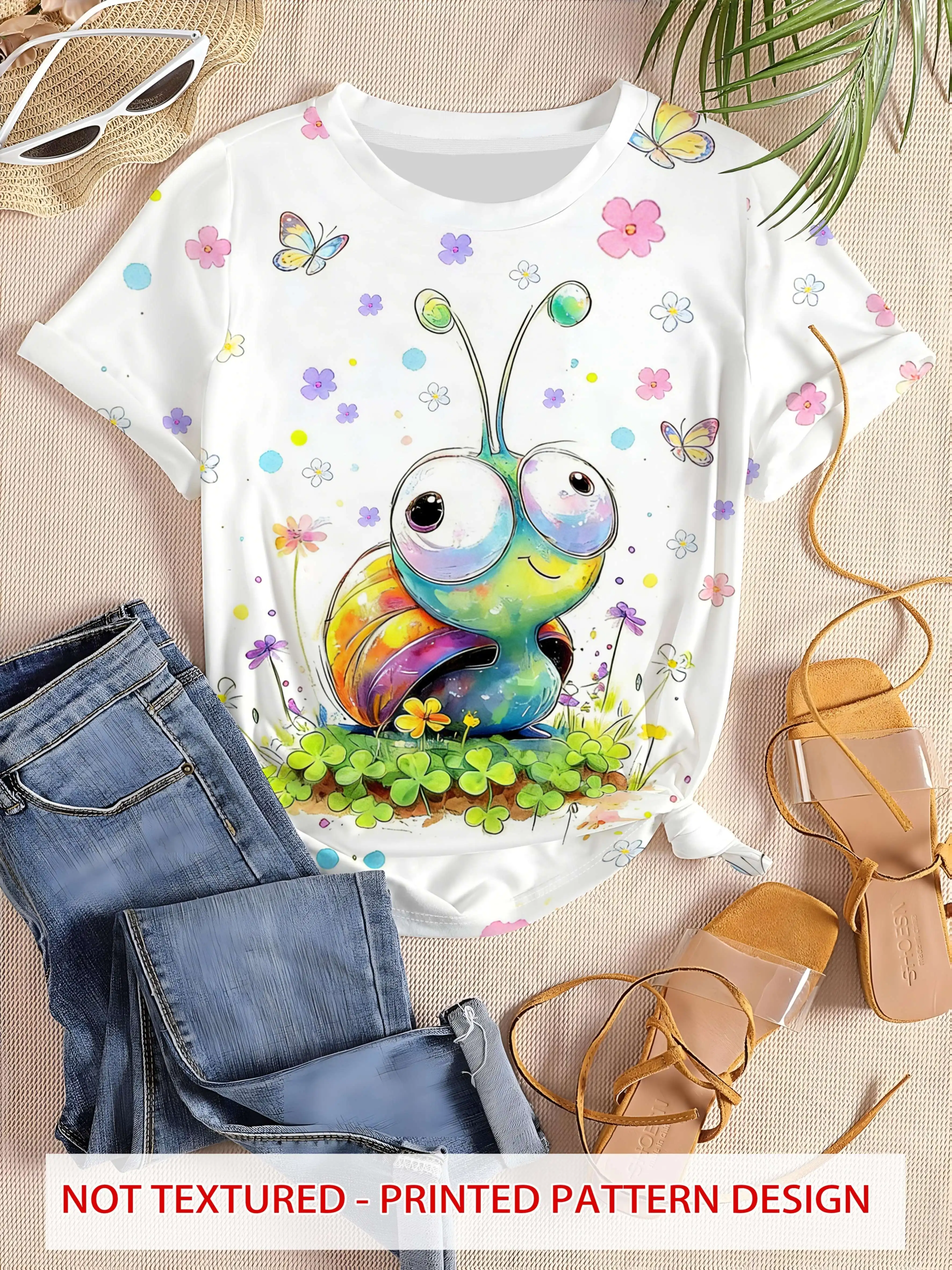 Womens Lovely Garden Art Printed T‑Shirt, Whimsical Rainbow Snail Floral Butterfly Pattern Short‑Sleeve Crew Neck Casual Tee