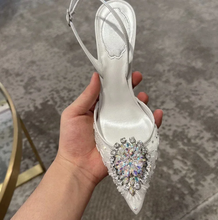 Crystal Baotou Sandals 2025 New Water Diamond Straight Line with Pointed High Heels Sexy Single Shoes White Wedding Shoes