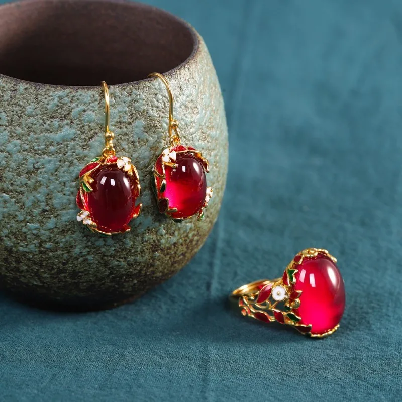 GEEZENCA S925 Silver Gold Plated Enamel Red Corundum Jewelry Sets Earrings Ring For Women Vintage Trendy Cloisonne Fine Jewelry