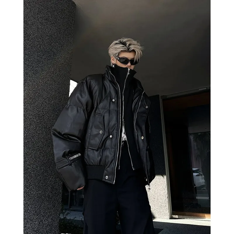

Мужская модная теплая куртка из искусственной кожи (двухслойная) с хлопковым утеплителем, трендовая молодежная повседневная одежда