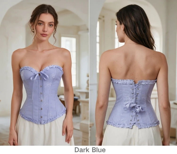 Damen Vintage Jacquard Korsett-Top, trägerlos, mit Rüschen vorne, Busk-Rücken, Schnürung, 20 Farben, für Feiertage, Partys und Abendgarderobe – Detail 13