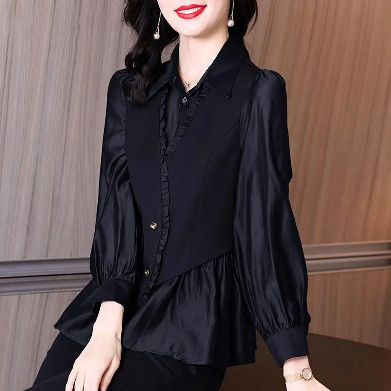 Elegant Fashion Ruffles Lantern Sleeve Fake Two Pieces Blouse 2022 Spring Autumn Korean Office Lady Turn-down Collar Slim Shirt