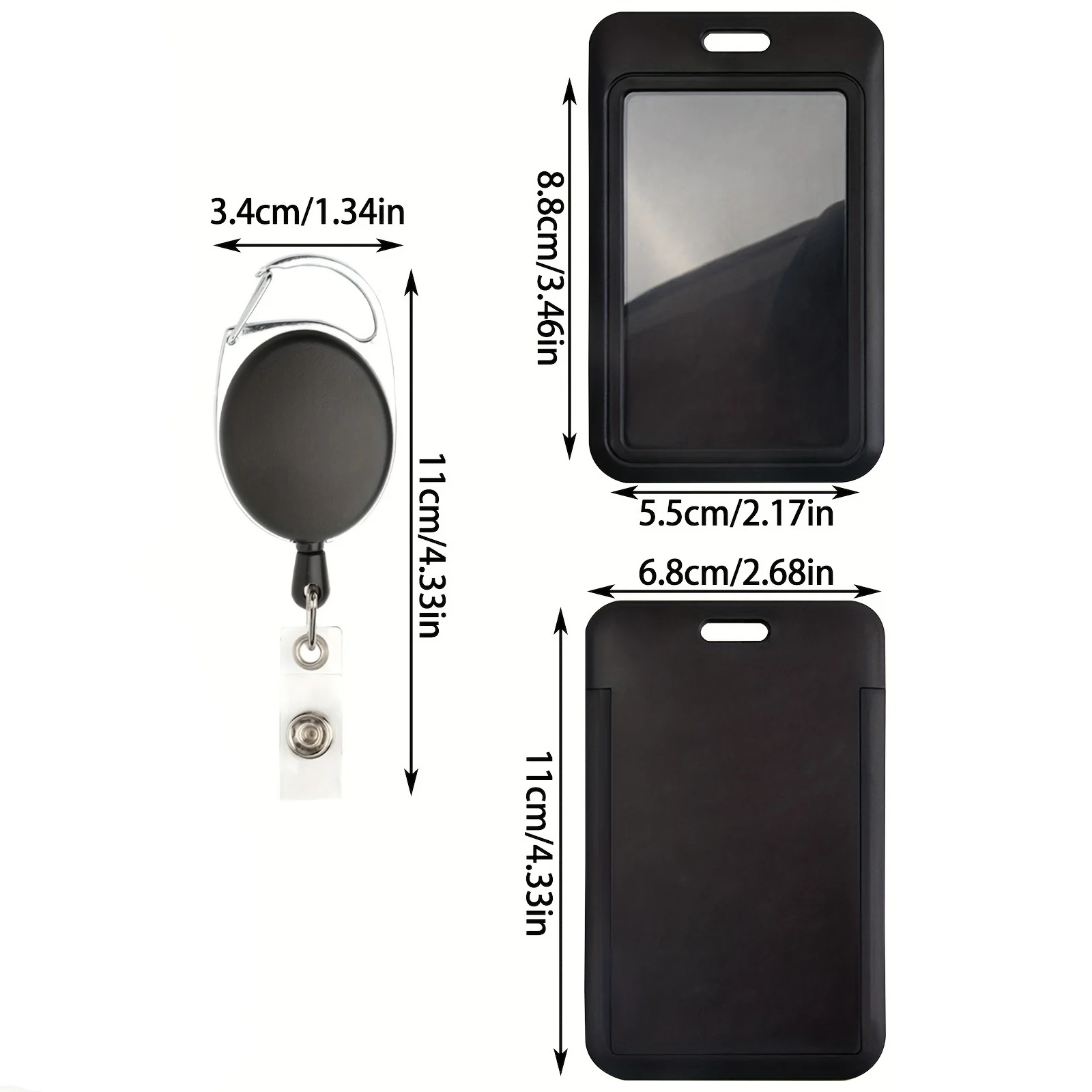 Suporte de crachá de identificação com conjunto de clipe de carretel de mosquetão resistente, porta-crachás retráteis pretos, porta-crachá de identificação vertical para mulheres e homens.