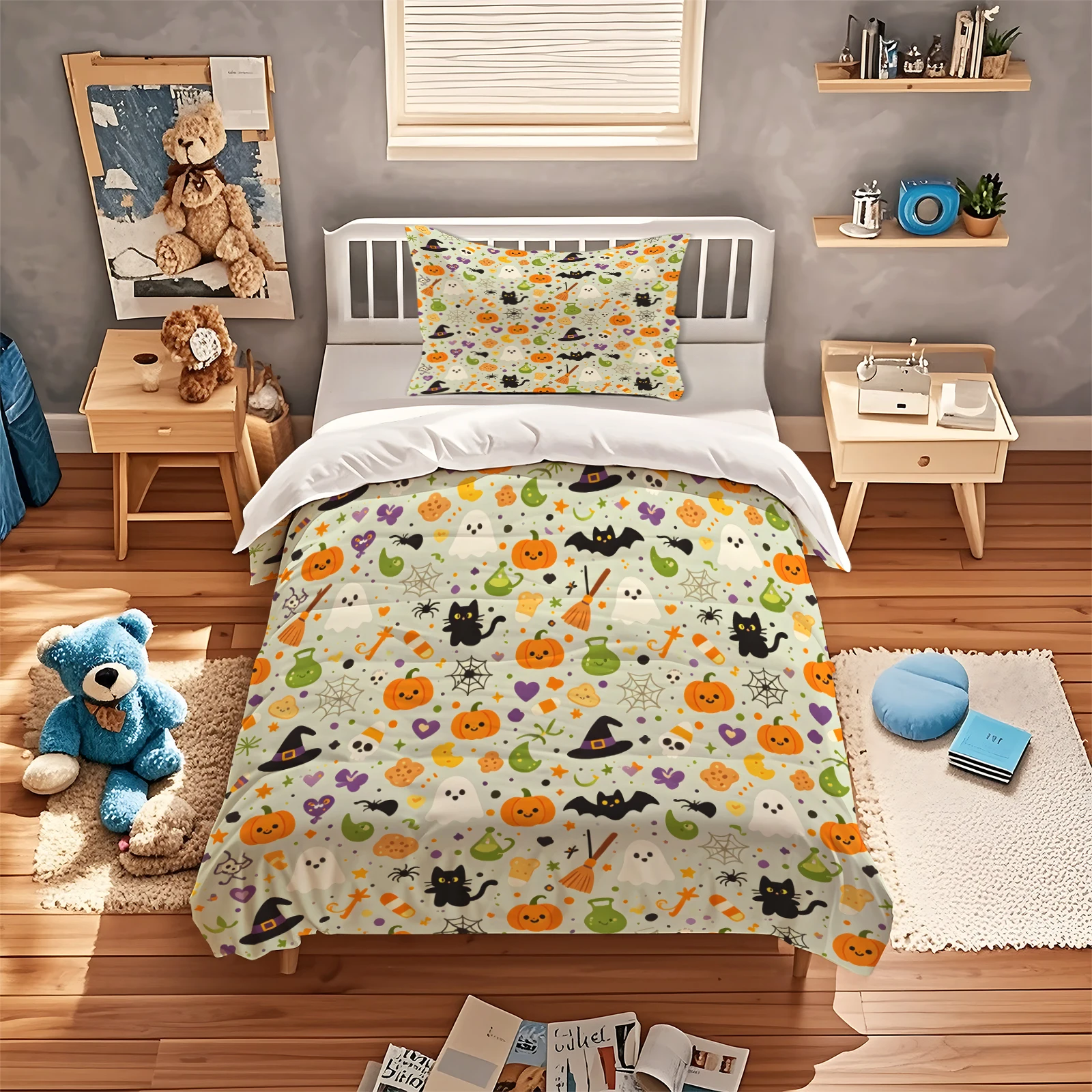 Light Sage Green Halloween Duvet Cover Set Pumpkin Ghost Black Cat Bat Witch Hat Spider Web Print Bedding Set with Pillowcases