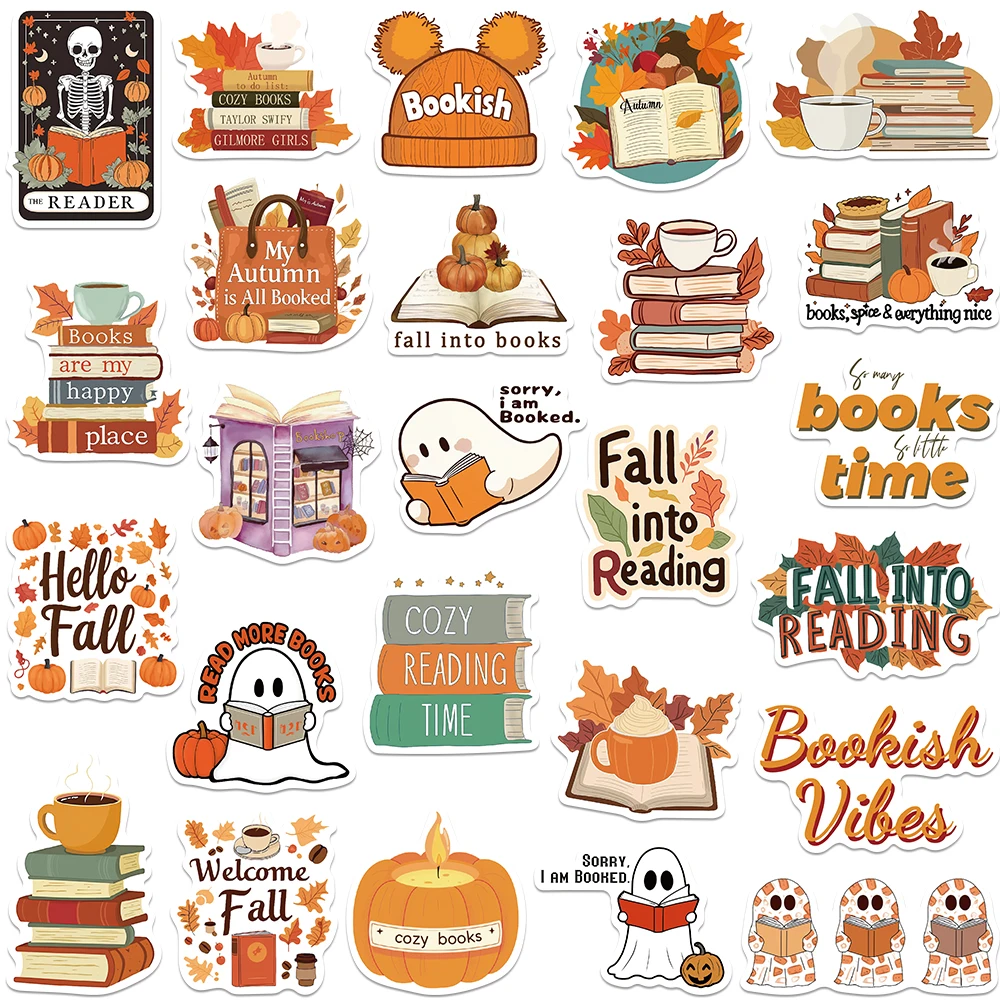 50pcs Retro Cute Cartoon Autumn Reading Book Stickers Bookish Vinyl Decals Luggage Guitar Laptop Phone Waterproof Graffiti