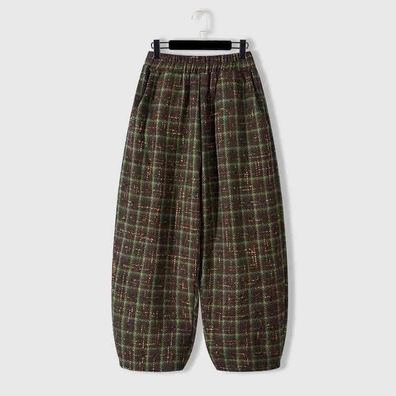 

Pop Lantern Pants Women Woolen Fabric Plaid Design Casual Loose Korean Style Elastic Waisted Trousers Women Clothing Harem Pants