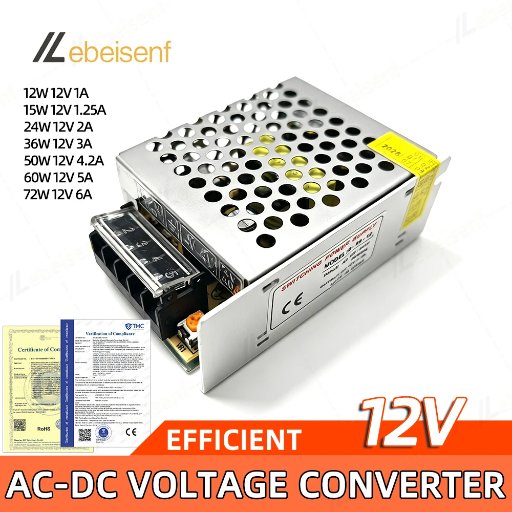 12V AC-DC Switching Power Supply 1A//2A/3A/4A/5A/6A 12W-72W Voltage Converter LED Driver Transformer for LED Strip Light/Camera