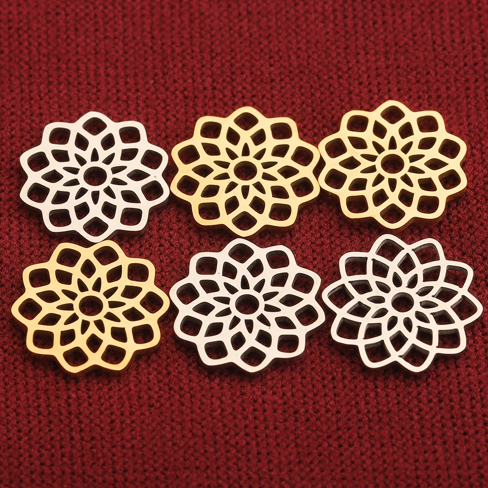 5pcs Gold-Plate Stainless Steel Yoga Lotus Charms Hollow Round Flower Pendants for Necklace DIY Bracelet Wholesale Supplies