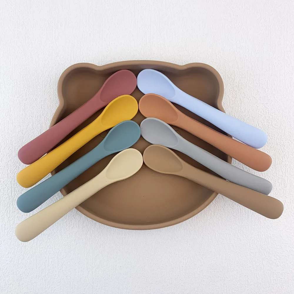 Silicone Soft Spoons Food Grade Neonatus Baby Feeding Eating Teeth Training Auxiliary Tableware Children Safety Soft Head Spoon