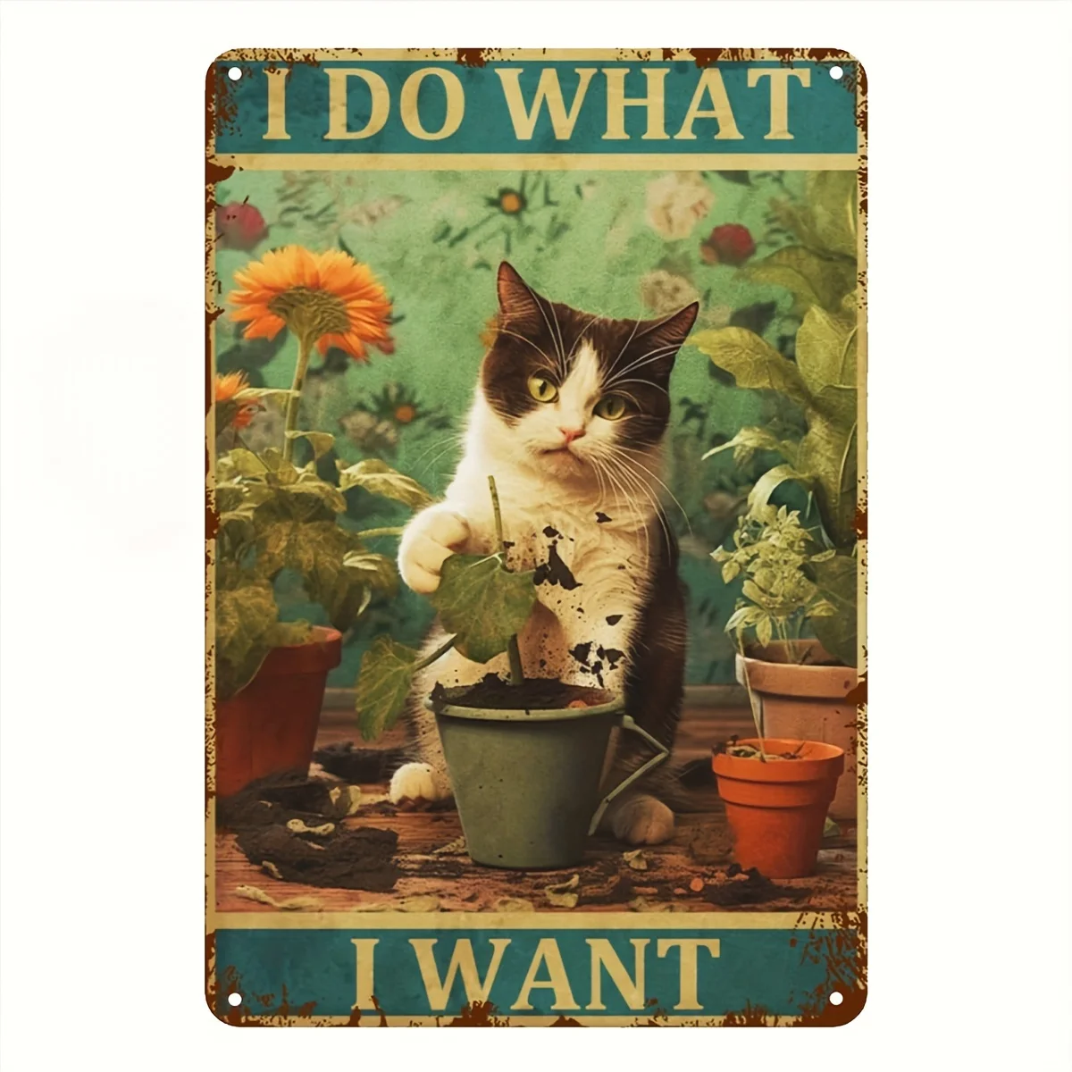 [فن حائط على شكل قطة غريبة] لافتة فنية جدارية معدنية عتيقة على شكل قطة "أنا أفعل ما أريده" - ديكور منزلي من الحديد الريفي مقاس 8 × 12 بوصة مع كاليفورنيا غريب الأطوار