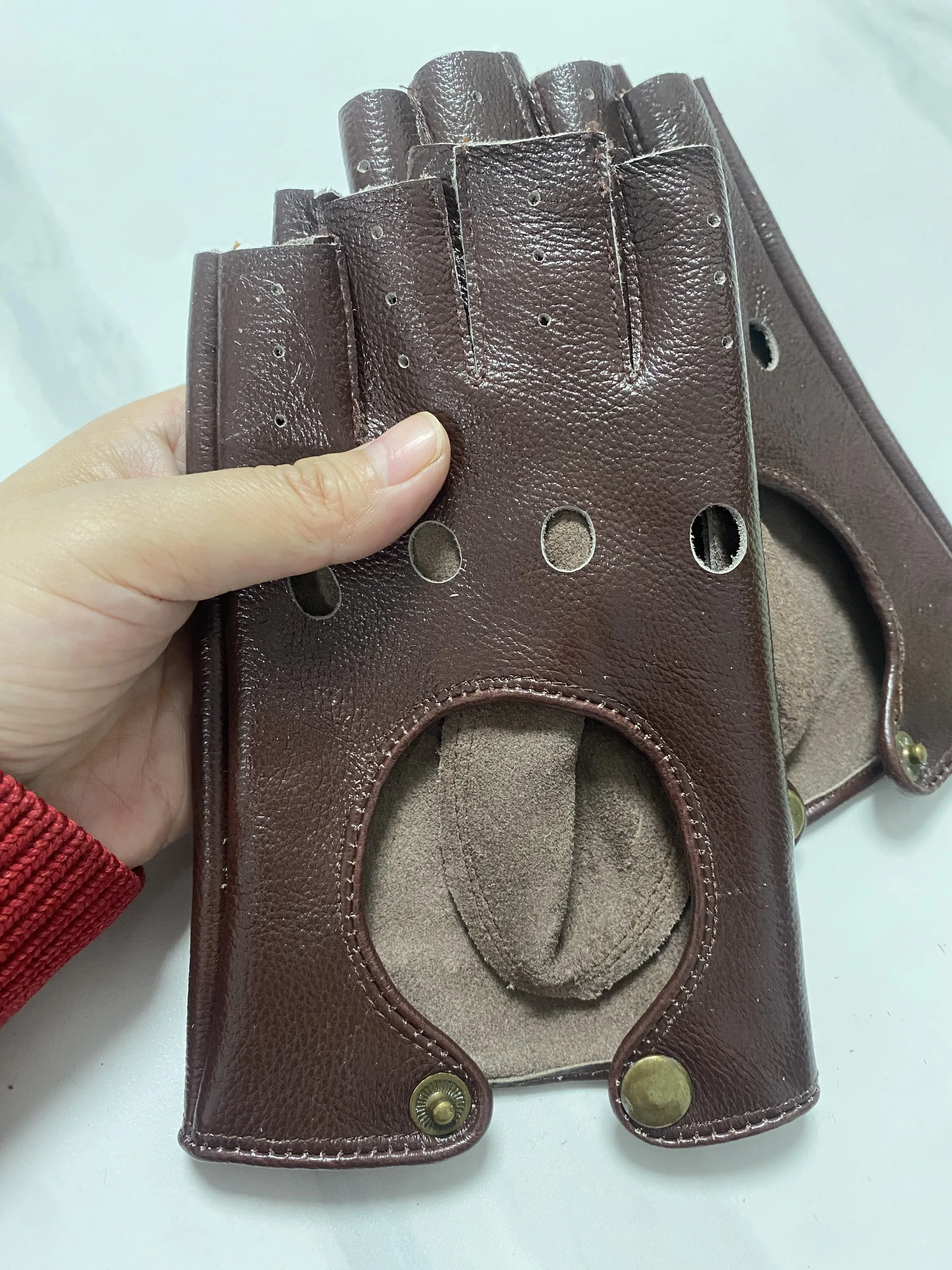 Men's Natural Sheepskin Leather Half Finger Glove Male Genuine Leather Hollow Out Fingerless Sports Driving Riding Glove R2228