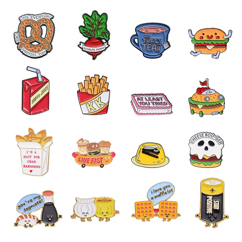 Broche de la serie de alimentos, insignia de Metal con forma de bebida de hamburguesa y patatas fritas, regalos pequeños, alfileres de solapa al por mayor para ropa, insignias para mochila, gorra