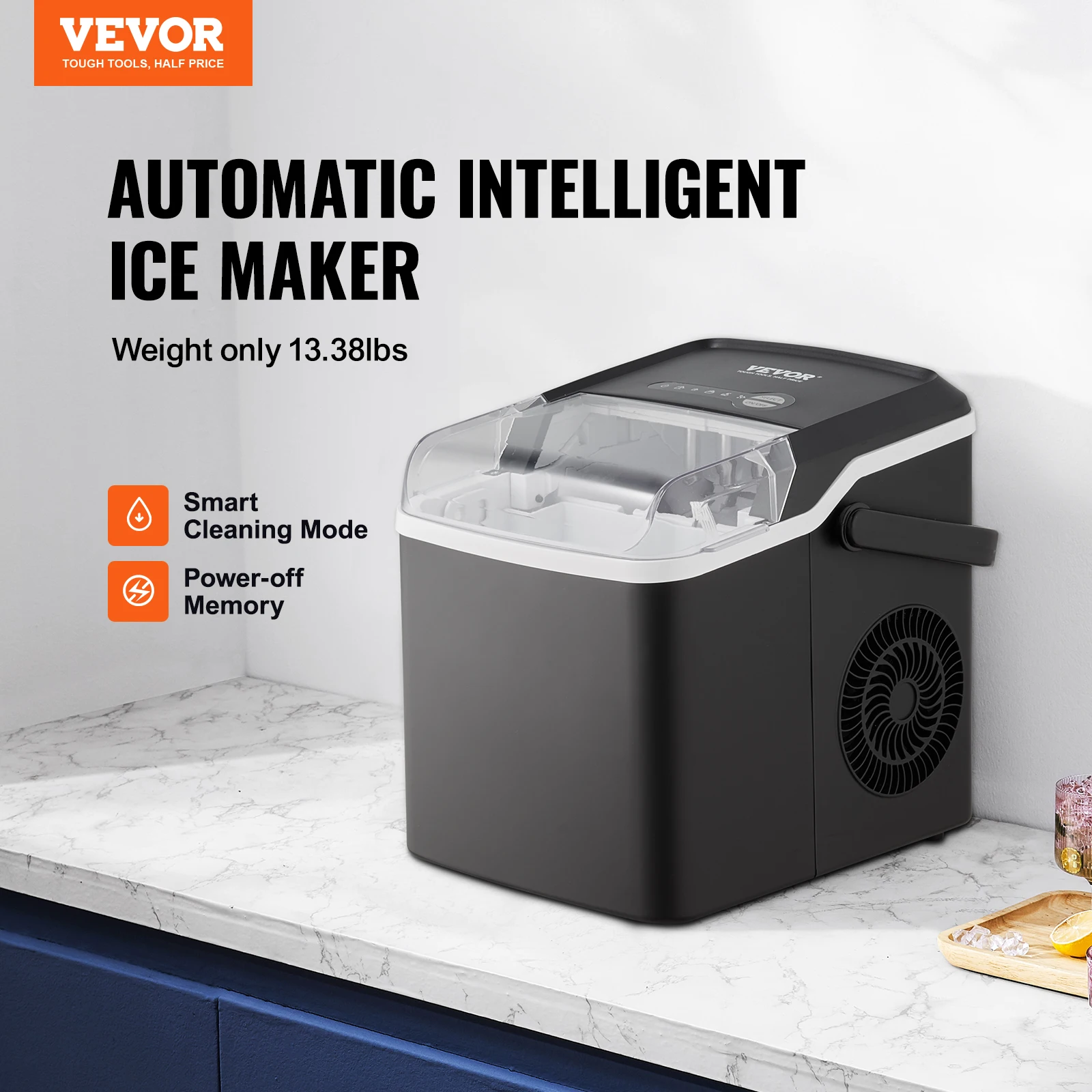 Vevor Countertop Ijs Maker, 26Lbs/24 Uur, Zelfreinigende Draagbare Ijsmachine Met 2 Maten Kogelijs Voor Thuiskeuken Kantoorbar