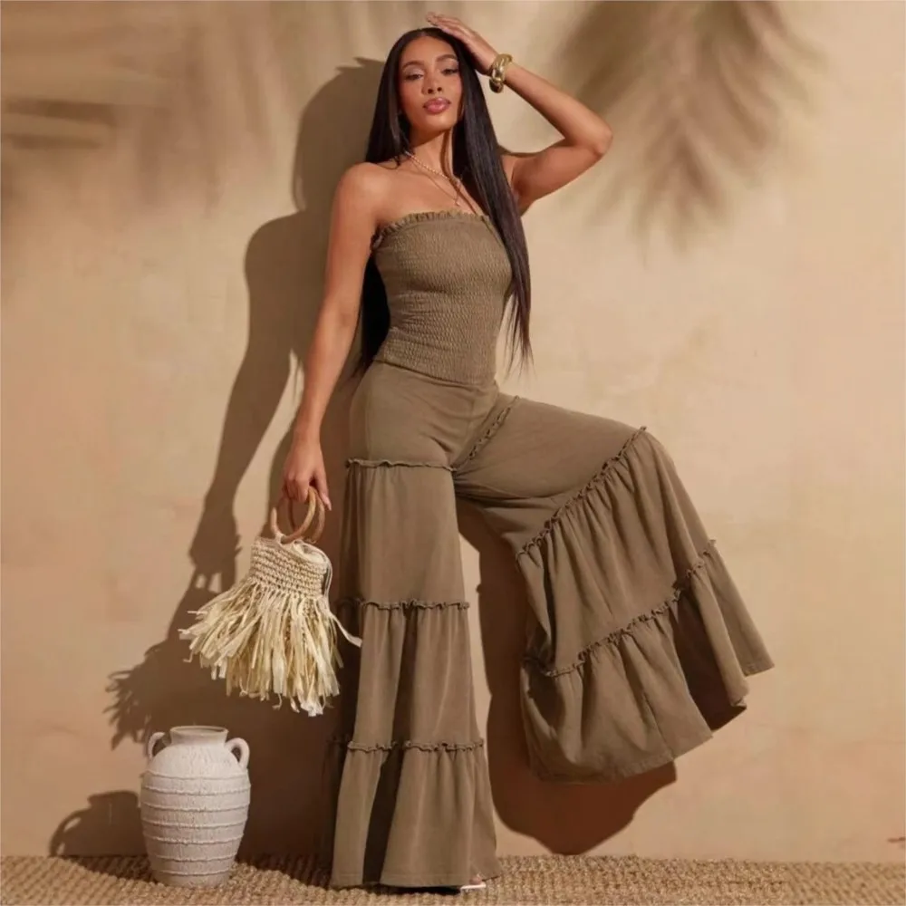 Dwuczęściowy zestaw: top tuba z wysokim stanem i spodnie w kształcie litery A, wyszczuplający, casualowy, na wiosnę i jesień, zestawy spodni, Conjuntos De Mujer