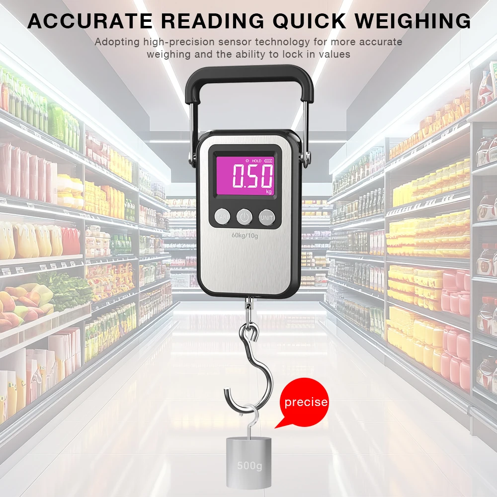 60Kg/10g LCD Digital Display Hanging Scale Handheld Mini Electronic Rechargeable Weighting Scale Fishing Travel Luggage Scale