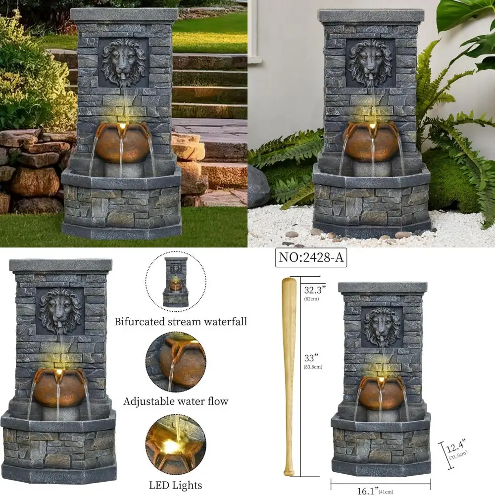 

Напольный фонтан для уличного сада с головой льва и светодиодными фонарями для патио, заднего двора, террасы и бассейна