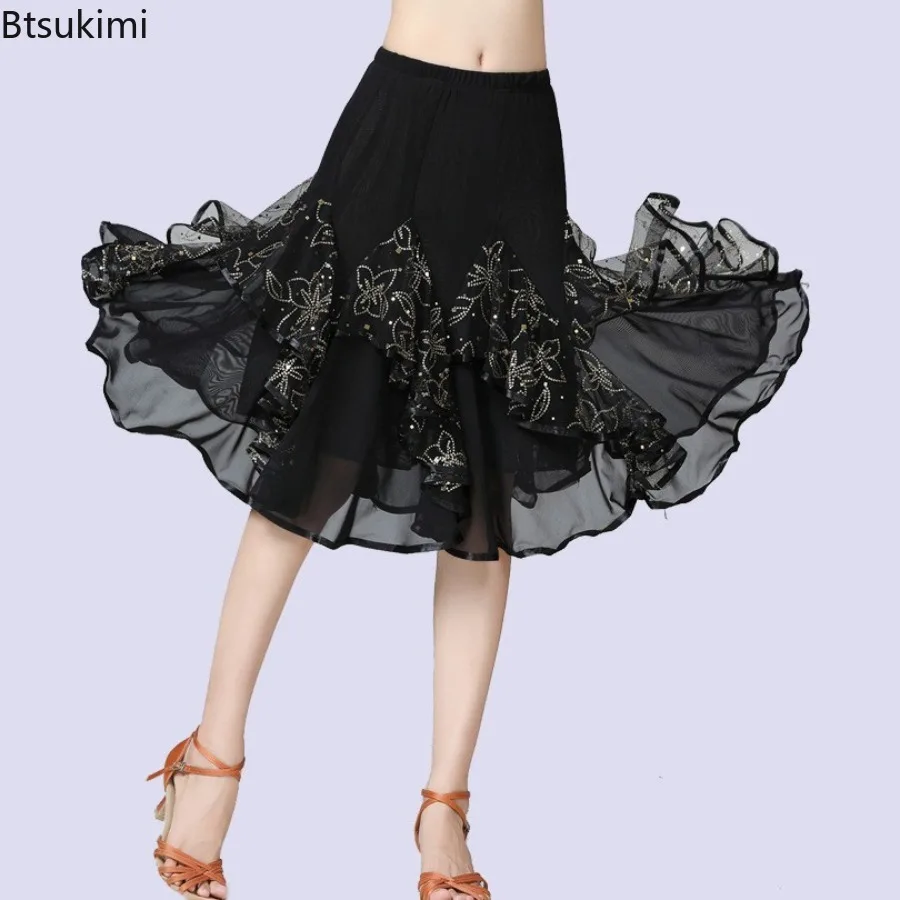 

Новое платье для кадриль, юбка для социальных танцев, большие распашные полуюбки, сетчатая юбка для выступлений на сцене, с блестками, юбка для латинских танцев