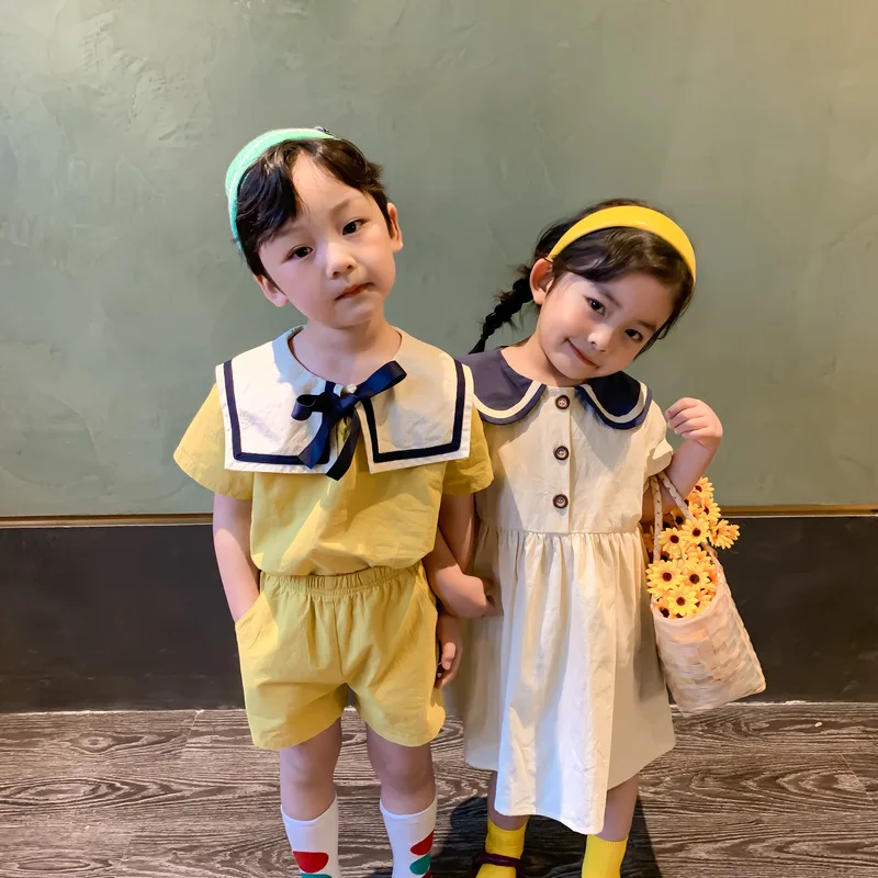 Summer Korean 2024 Toddler Siblings Attire Cotton Navy Collar Knotbow Tops Solid Elastic Wasit Shorts Loose Princess Dress Suits