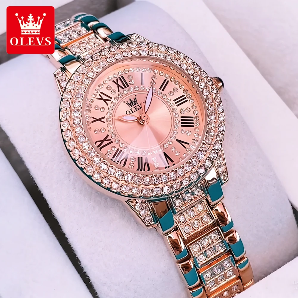 

OLEVS мужские часы, роскошные модные розовое золото, бриллианты, римский циферблат, оригинальные кварцевые наручные часы для женщин, водонепроницаемые светящиеся часы