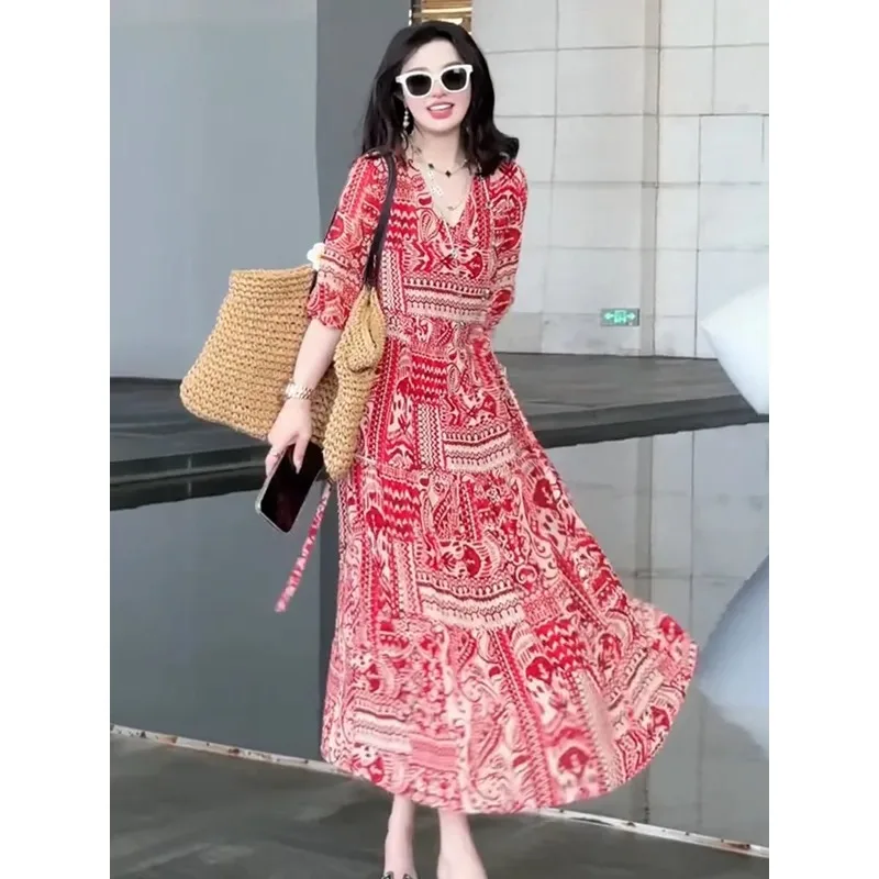 

Dress 2025 New Style Travel and Vacation Elegant Loose Large Swing Retro Elegant Versatile Printed Dress