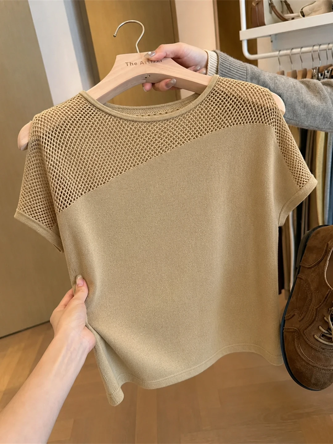 

Summer Ice Silk Knitted Hollow out round Neck Short Sleeve Women's Top Korean Style Versatile Fashionable Retro Design
