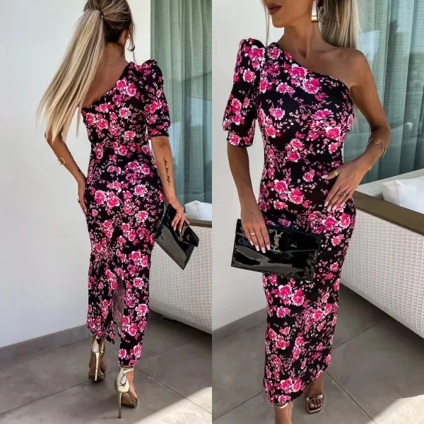 

Women's Long Skirt Summer Single Rotator Sleeve Fashion Flower Print Hip Elastic Slit Straight Tube Simple Elegant Party Dress