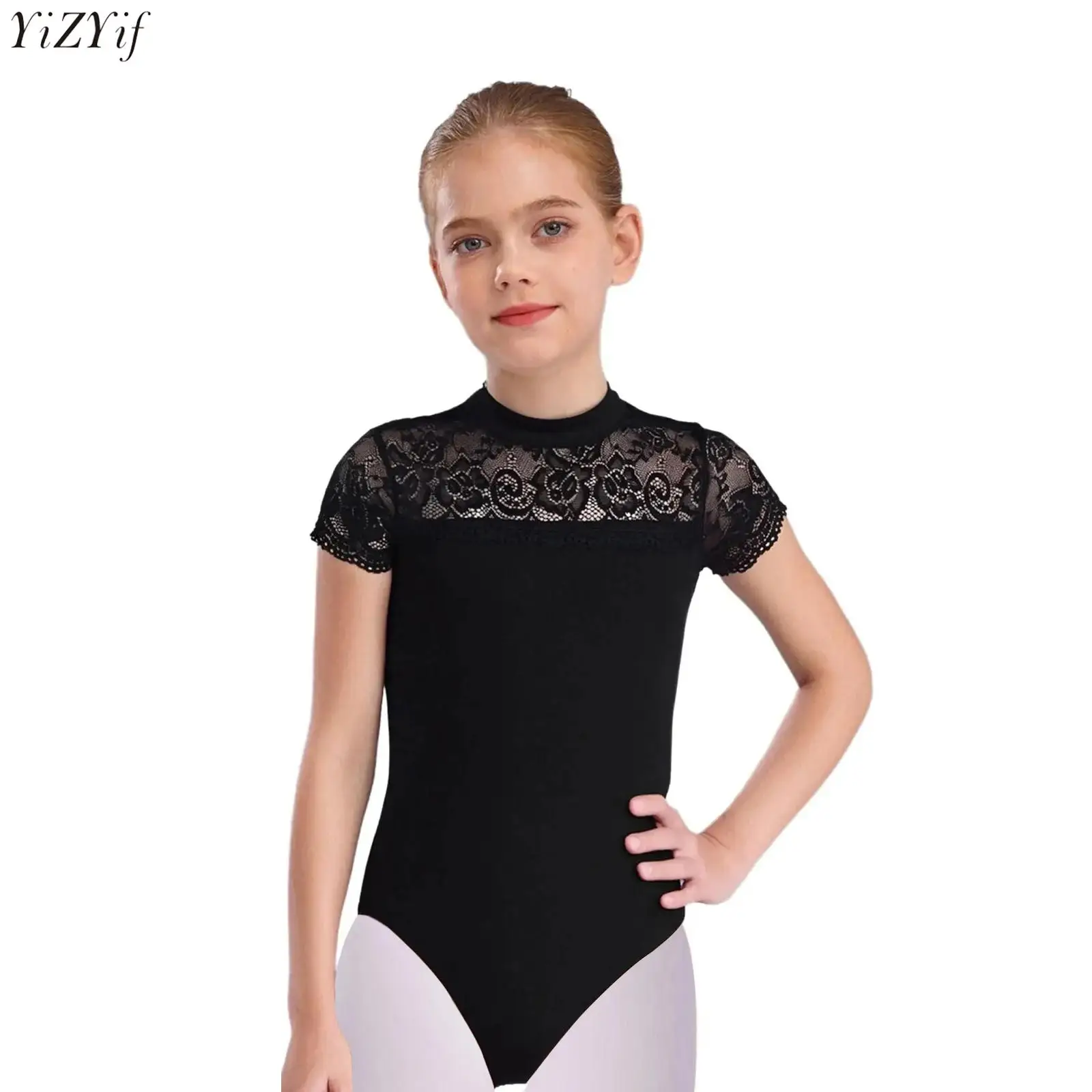 

Kids Girls Lace Patchwork Ballet Leotard Cotton Short Sleeve Keyhole Back Dance Bodysuit for Gymnastics Practice Performance