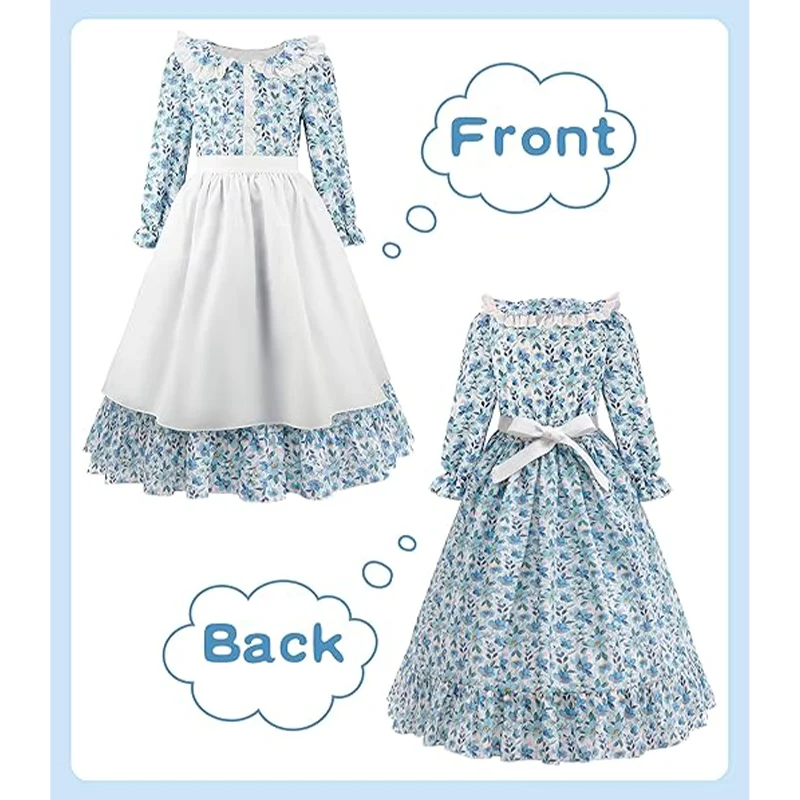 ชุดเด็กผู้หญิง Pioneer ชุดดอกไม้ Colonial Prairie สําหรับเด็กเล็กพร้อมผ้ากันเปื้อนและ Bonnet