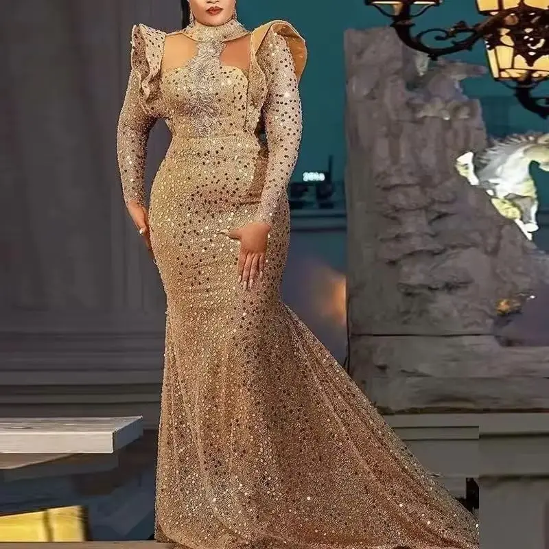 

Aso Ebi Arabia с длинными рукавами Robe De Soiree блестящее женское вечернее платье с скользящим шлейфом блестящие платья русалки для выпускного вечера