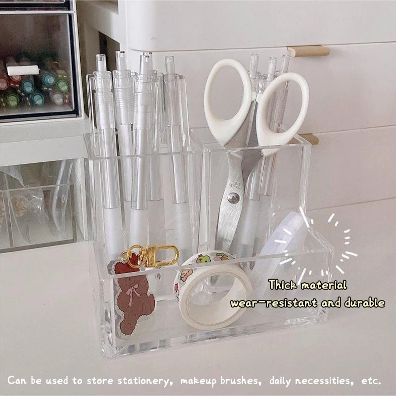 Ins Style Transparent Acrylic Square Three Grid Pen Holder Storage Rack Large Capacity Desk Pencil Rack School Office Stationery