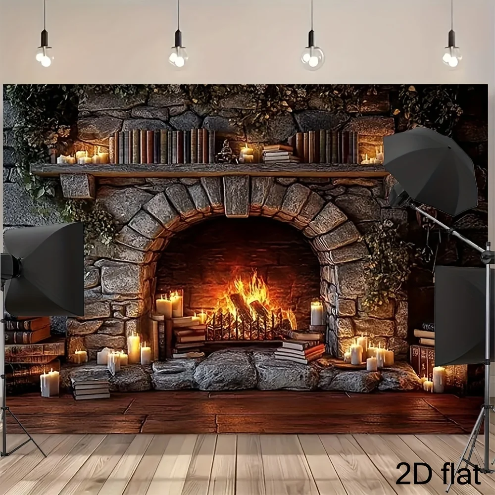 Chimenea cómoda con libros y velas, tela de fondo de poliéster, adecuada para fotografía, cumpleaños y Navidad, 1 ud.