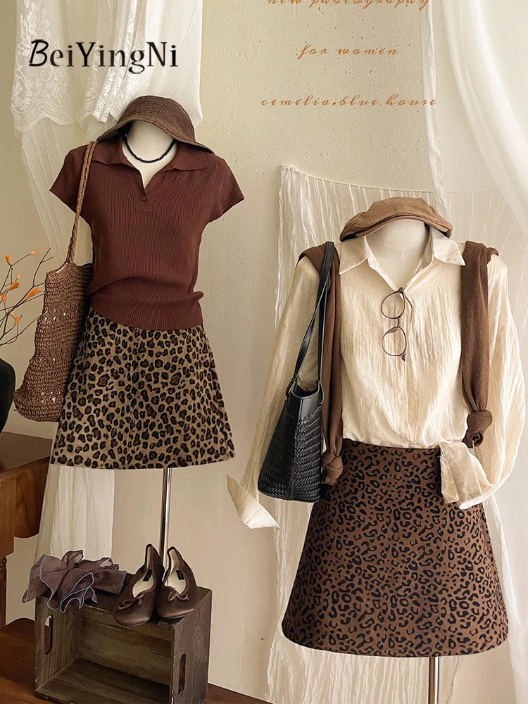 Beiyingni Stylish Retro Style Short Skirts for Women Leopard Print Street Kpop Mini Skirt Ladies Slim High Waisted Faldas Autumn