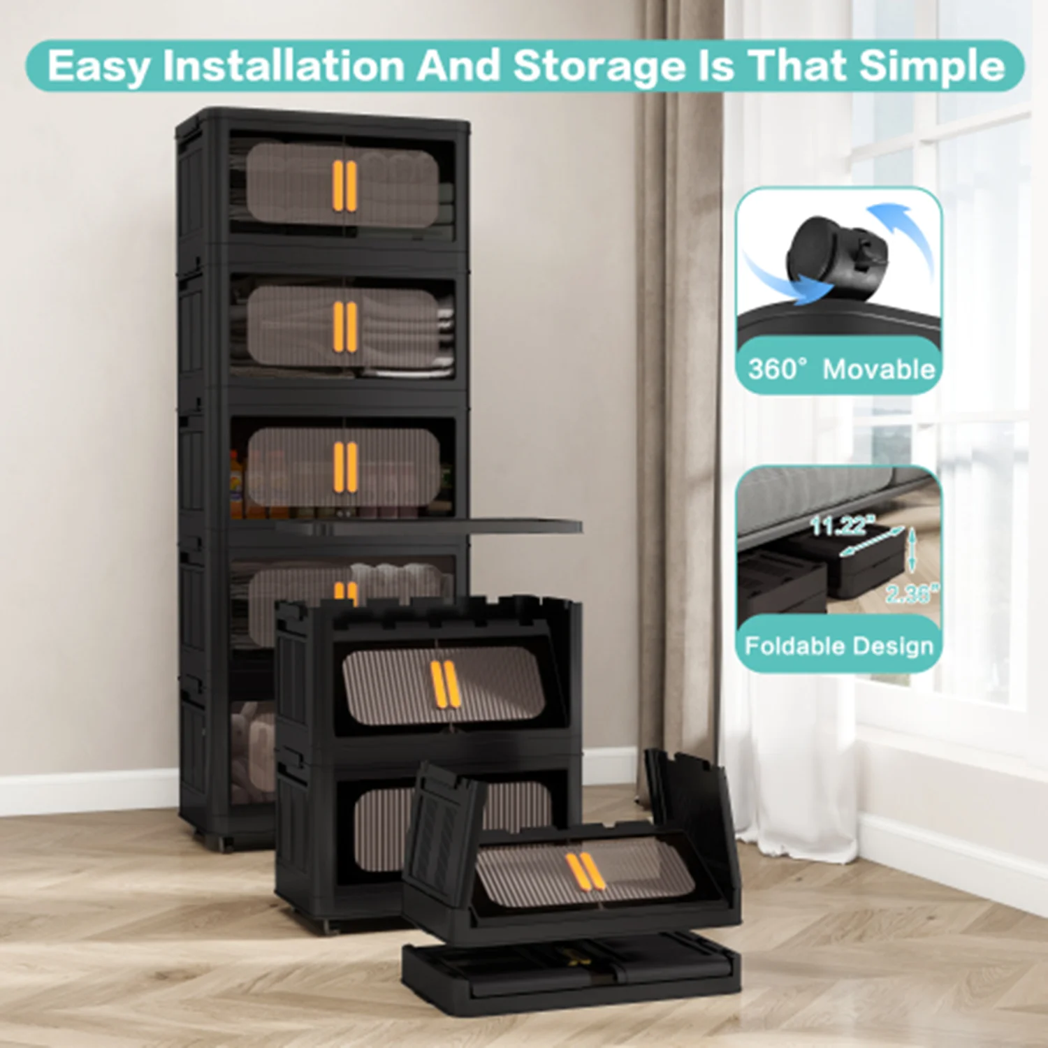 

Black 19.69" Side Wide Folding Storage Cabinet 4 Tiers Collapsible Storage Bins with Magnetic Door Plastic Storage Cabinet