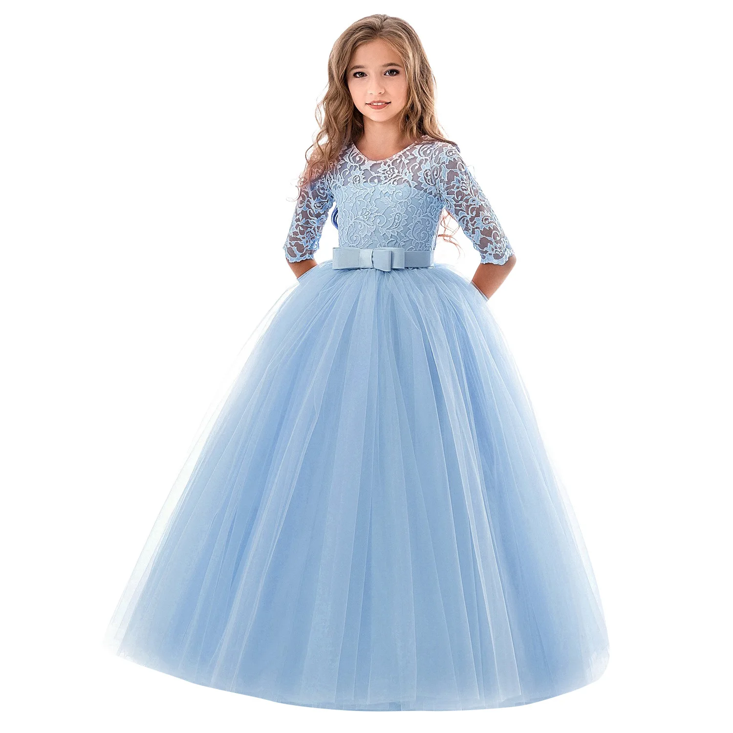 

Children dresses Bow Tutu Skirt Girl Wedding Flower clothing princess Girl Evening dress Prom Long sleeve elegant