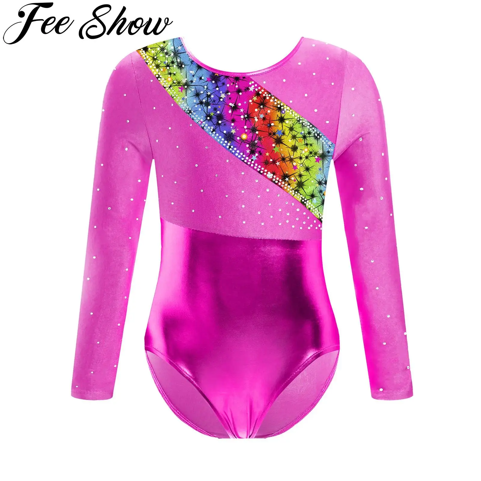 Kids Girls Rhythmic Gymnastics Leotard Figure Skating Acrobatics Performance Costume Rhinestones Long Sleeve Metallic Bodysuit