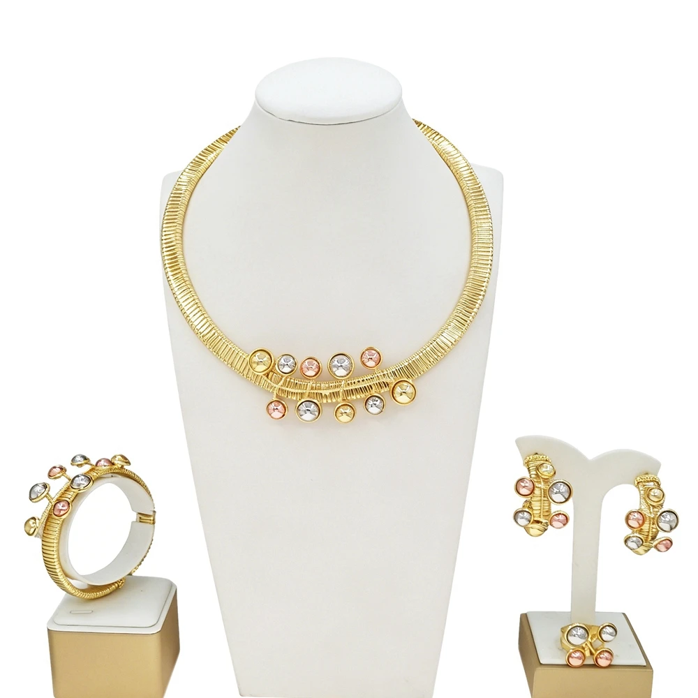 Fashion Brazil Gold 4Pcs Jewelry Set Multi‑Color Round Bead Choker Necklace Bracelet Earring Ring for Women Wedding Daily Wear