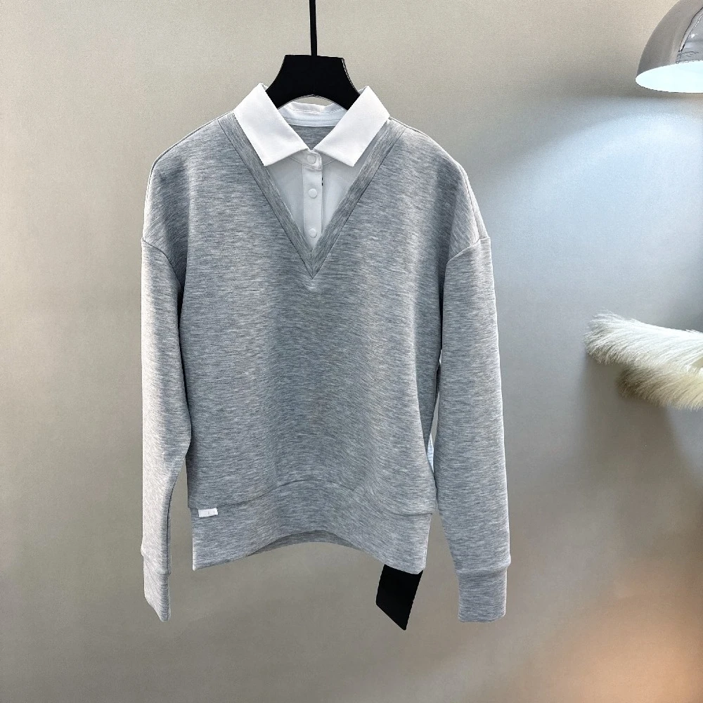 Women's Golf Faux Two-Piece Sweatshirt 2026 Fall New Korean Style Thick Cotton Blend Letter Print Model Style Outdoor Warm Soft