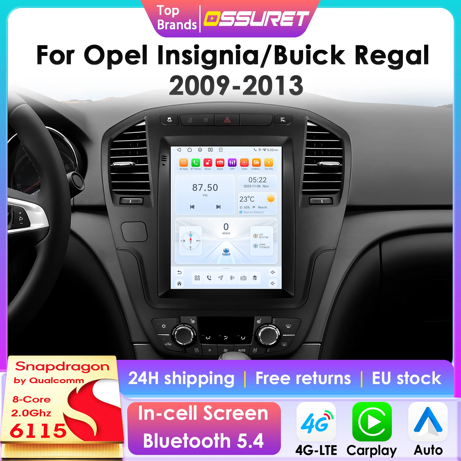 9,7 Zoll 2 DIN Android 14 Auto-Multimedia-Stereoanlage für Opel Insignia Buick Regal 2009 - 2013 Autoradio Vertikaler Bildschirm Carplay 6115