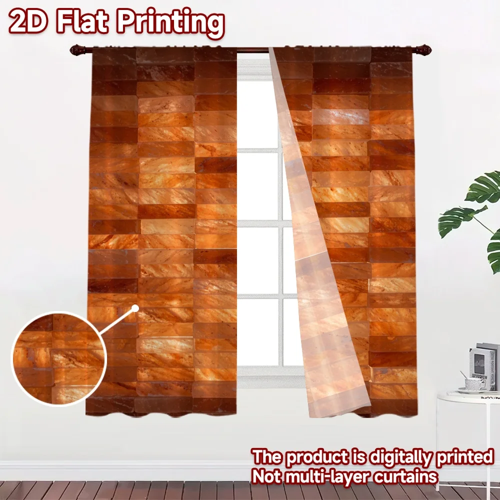 2D flat 2pcs Curtain Retro Country Style Warm Orange Stone Wall Digitally printed polyester, colorfast Festive Holiday for Home