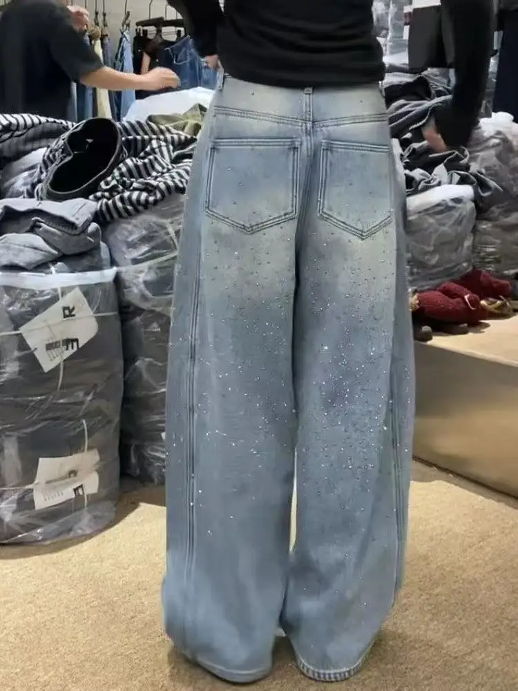 Women's Glittering Rhinestone Loose Denim Pants Studded Black Wide-Leg Jeans 2026 New High-Waist Slimming Curved-Leg Pants Ins