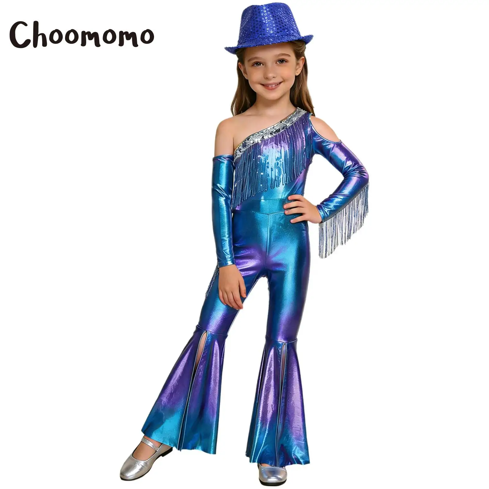 

Kids Girls 70s Disco Hippie Costume Dance Jumpsuit Metallic Shiny Sequins Tassel Slit Bell Bottom Bodysuit +Hat Pageant Rompers