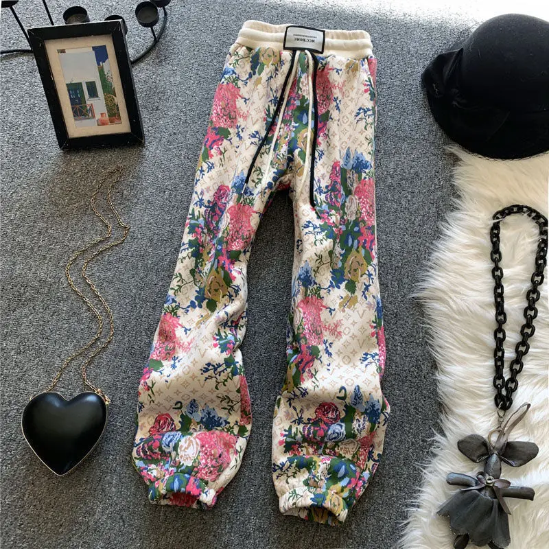 Harlan feminina solta calça esportiva com estampa floral, calça casual de cintura alta, moletom Harun na moda